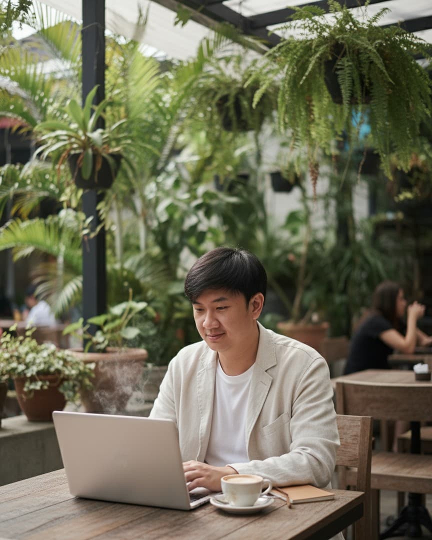 Willy working on a laptop at a garden cafe in Bali